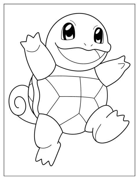 Squirtle se usmívá a stojí s rukama v bok.