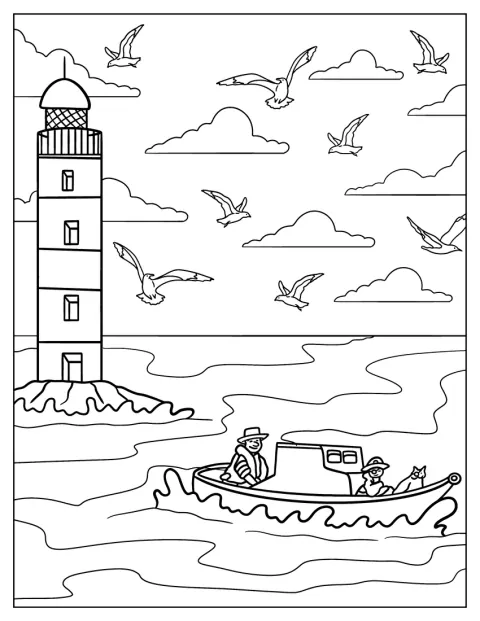 Um faroleiro está num barco junto ao farol, rodeado de gaivotas.