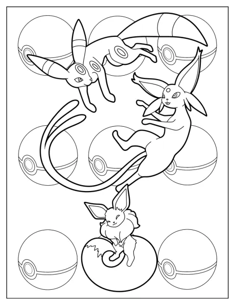 Espeon, Eevee en Umbreon spelen samen.