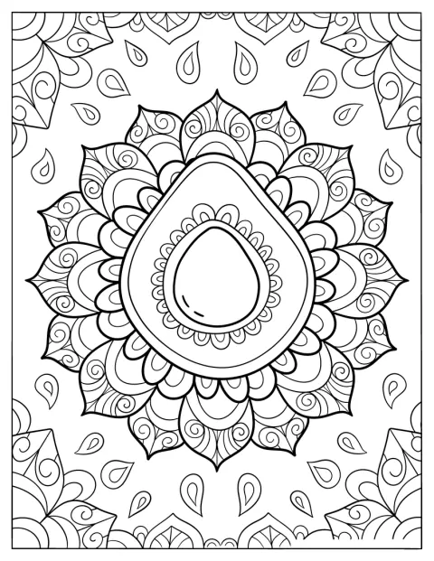Bloemen en sierlijke patronen vormen een mandala rond een avocado.