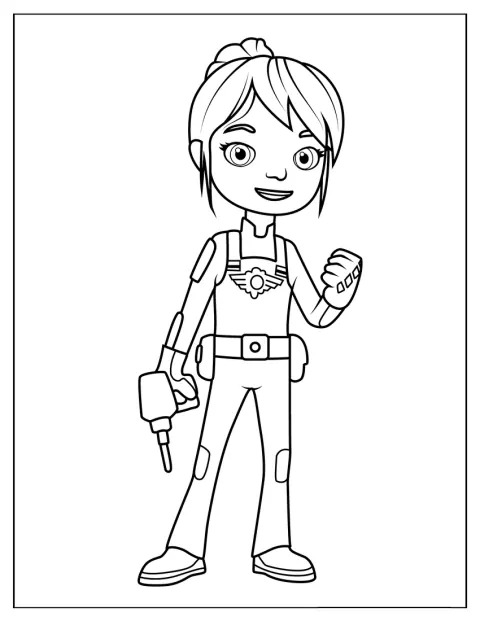 Gabby, a mecânica, aparece de pé no seu fato de trabalho.