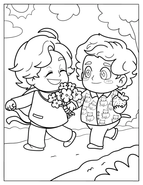 Dos chicos de estilo chibi pasean juntos por el parque.