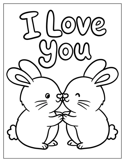 Zwei niedliche Hasen teilen eine Blume neben den Worten „I Love You“.
