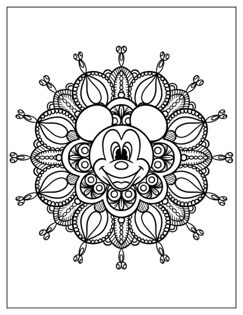 Mickey egér arcképe egy részletgazdag, kör alakú mandala közepén látható.