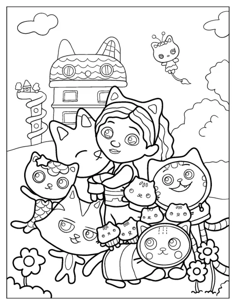 Personages uit Gabby's Dollhouse staan samen op een poster.