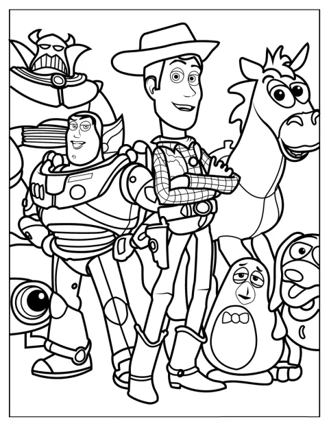 Buzz Lightyear, Woody és a Toy Story többi szereplője együtt látható.