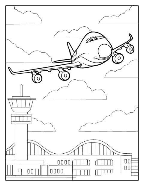 Un aereo dei cartoni sorride mentre vola nel cielo.