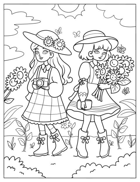 Deux petites filles récoltent des fleurs dans un jardin au printemps.