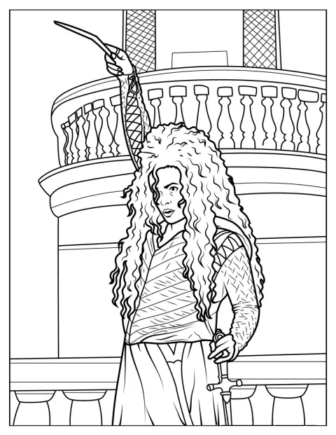 Bellatrix Lestrange brandit sa baguette pour lancer un sort.