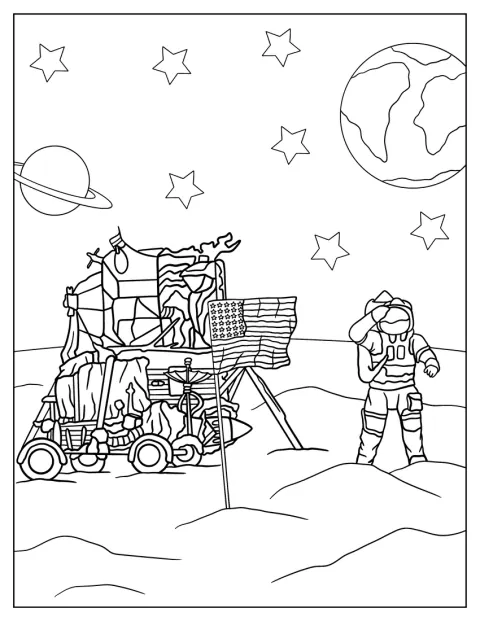 Una bandera estadounidense está plantada en la superficie lunar.
