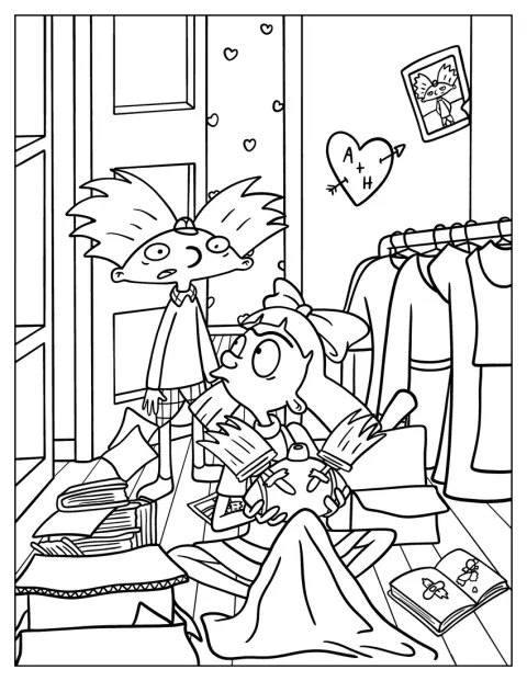 Hey Arnold kommer in medan Helga gör en leksak.