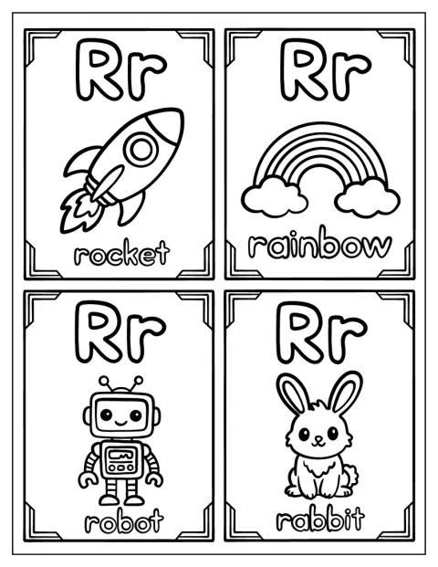 Rakete, Regenbogen, Roboter und Kaninchen stehen neben Buchstabenkarten mit R.