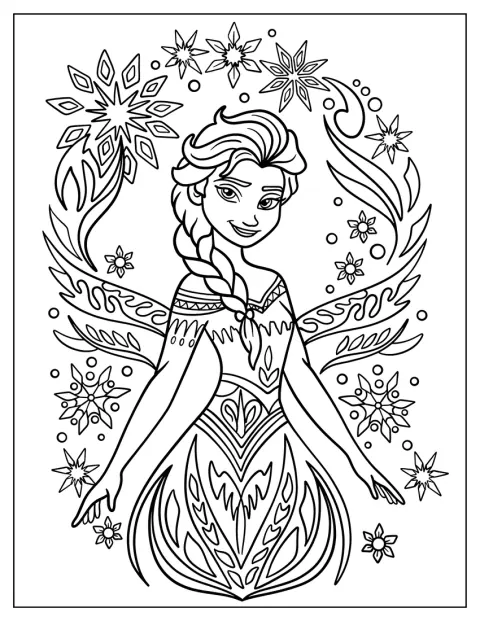 Elsa pose au milieu de motifs évoquant la glace et la neige.