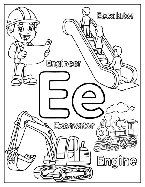 Un ingeniero, una escalera mecánica, un motor y una excavadora ilustran palabras con E.