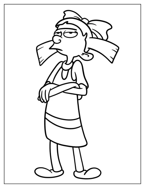 Helga näyttää vihaiselta ääriviivapiirroksessa.