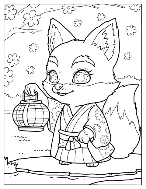 Uma raposa chibi usa um quimono e segura um lampião.