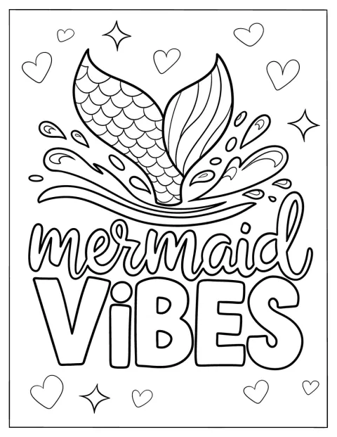 Uma cauda de sereia salpica água por baixo das palavras «Mermaid Vibes».