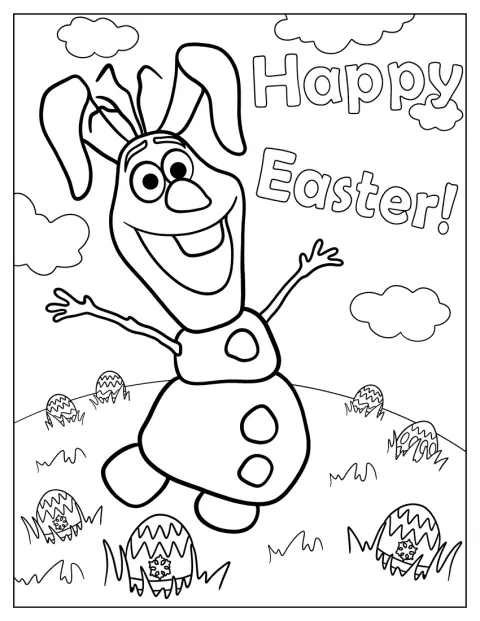 Olaf indossa orecchie da coniglio in un prato pieno di uova di Pasqua.