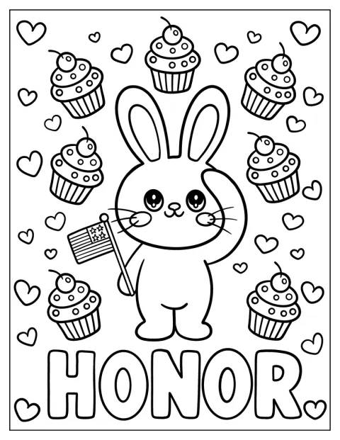 Un coniglietto saluta tenendo una bandiera americana, tra cupcake e cuori.
