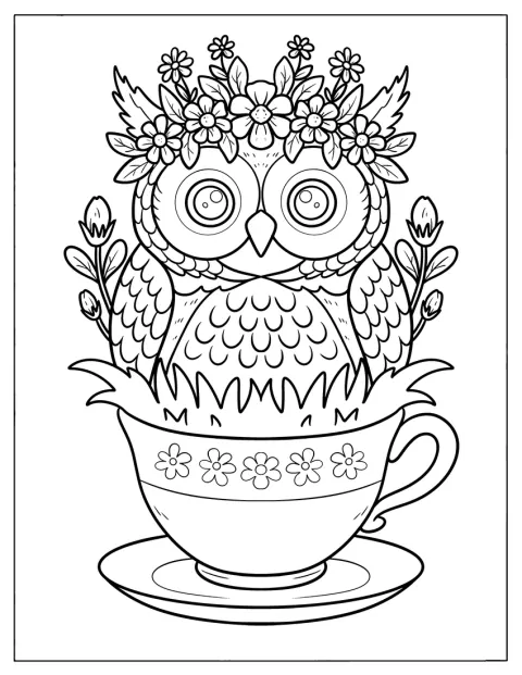 Beautiful Owl Coloring Page with a Flower Crown Sitting in a Teacup
