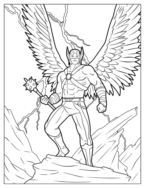 Hawkman letí vysoko na obloze.