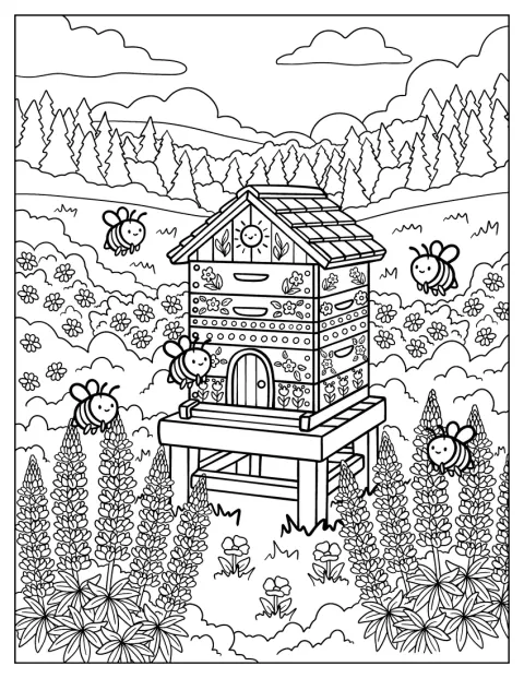 Des abeilles volent autour d’une ruche, de fleurs sauvages et de montagnes.