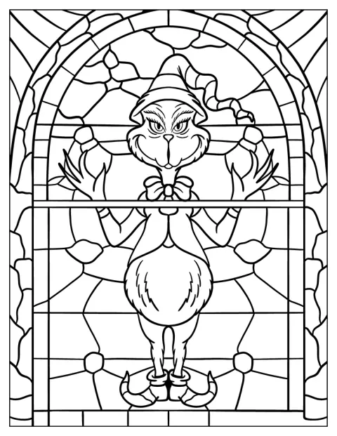 Le visage du Grinch apparaît dans un motif de vitrail détaillé.