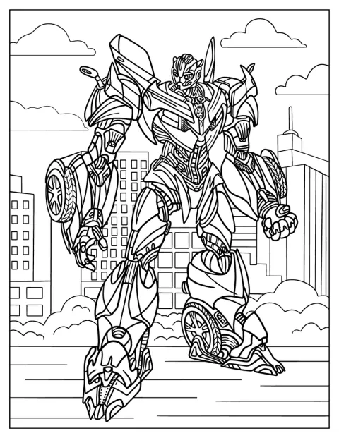 Bumblebee, sous sa forme de robot Autobot, se tient dans une ville.