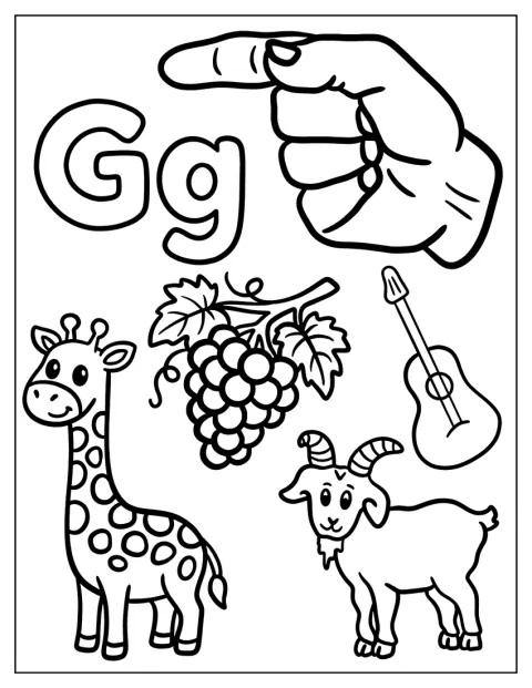 Gの文字の周りに、手話やキリン、ヤギ、ギター、ぶどうが描かれています。
