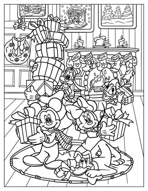Mickey Mouse, Minnie Mouse, Daisy Duck, Goofy ja Pluto pitelevät joululahjoja.