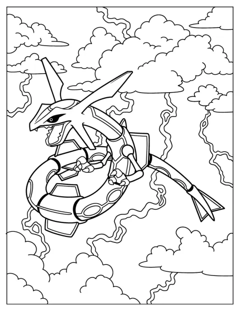 Rayquaza serpente dans le ciel, parmi les nuages.
