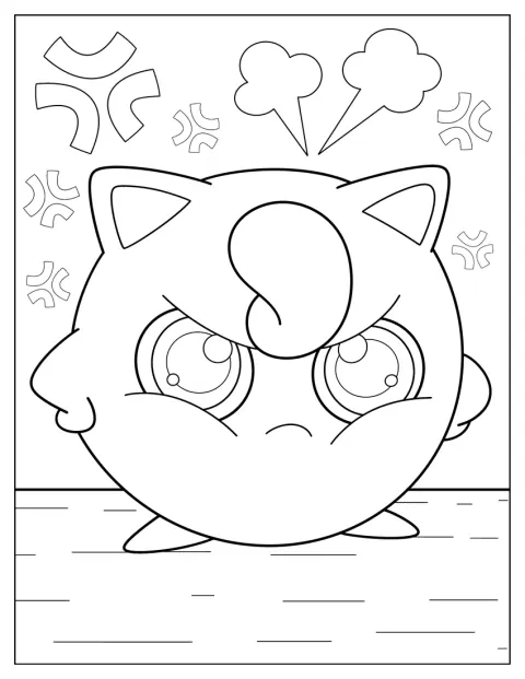 Jigglypuff franze a testa e mostra uma expressão zangada.