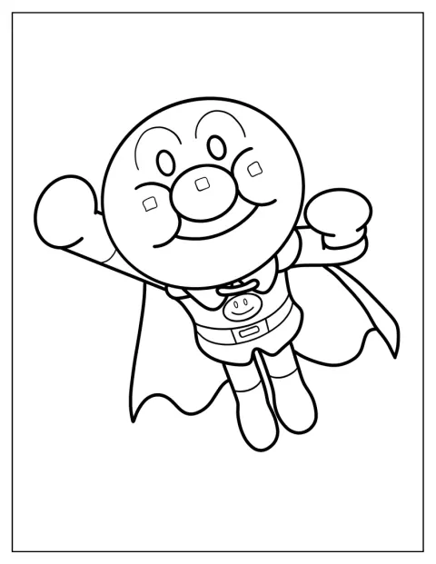 Anpanman letí vzduchem s rukama nataženýma před sebe.