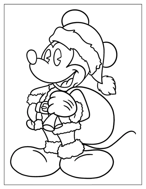 Mickey egér Mikulássapkában és -ruhában áll karácsonykor.