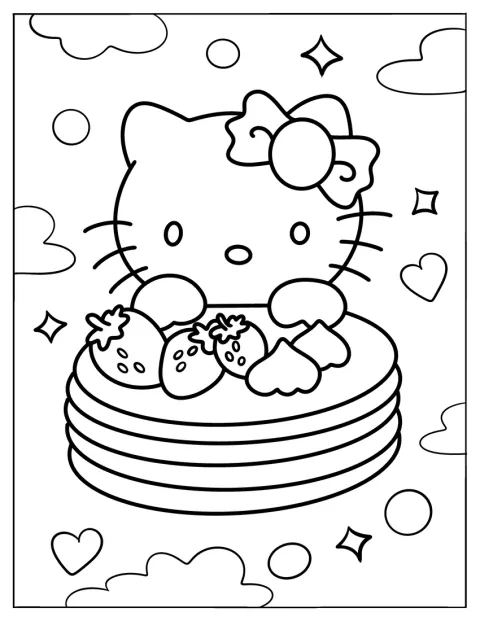 Hello Kitty pitelee valtavaa mansikoilla koristeltua pannukakkupinoa.