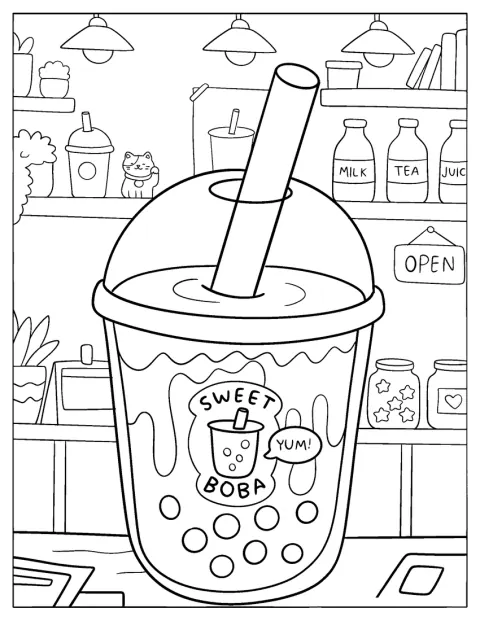 Un bicchiere di tè boba dolce è esposto in un negozio.