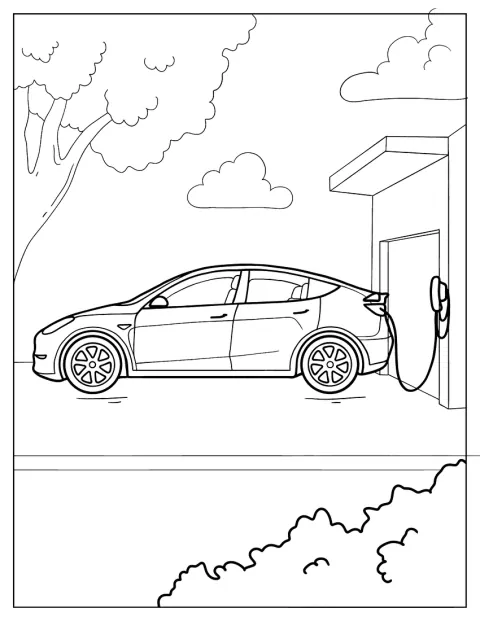 Tesla je zaparkovaná u nabíjecí stanice a dobíjí baterii.