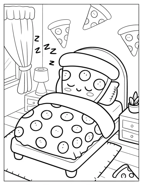 Eine Pizzaschnitte schläft in einem Schlafzimmer, das mit Pizza-Motiven dekoriert ist.