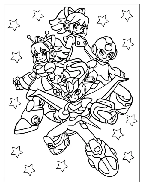 Mega Man en Roll staan naast hun hypervormen Hyper Mega Man en Hyper Roll.