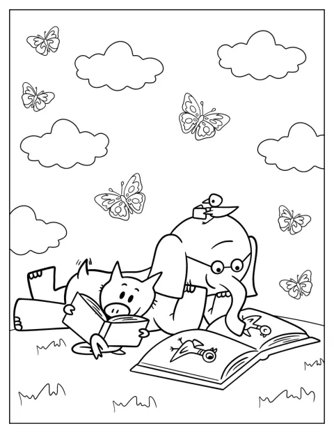 Gerald, Piggie e un uccellino leggono insieme un libro illustrato.