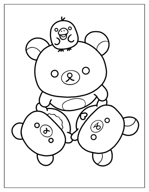 Rilakkuma apparaît avec Kiiroitori, Korilakkuma et Chairoikoguma dans un dessin aux contours simples.
