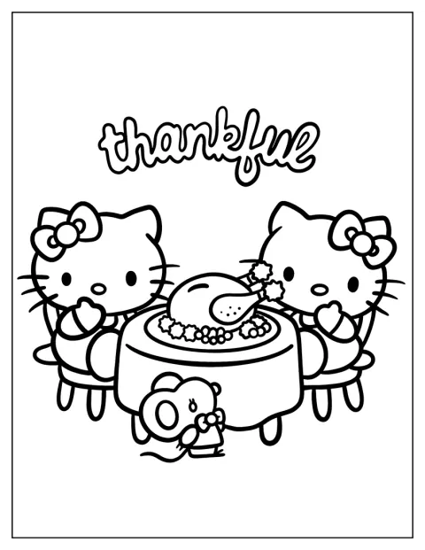 Hello Kitty og Mimmy spiser middag sammen ved et festdekket bord.