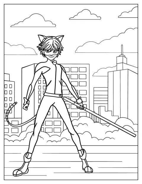 Cat Noir uśmiecha się, trzymając laskę w dłoni.