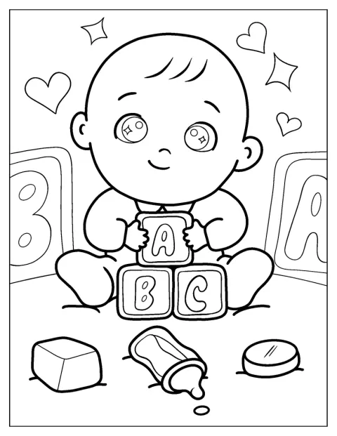 Assis au sol, un bébé s’amuse avec des cubes portant des lettres.