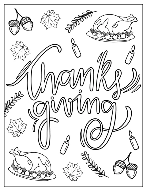 Thanksgiving Lettering With Turkey, Leaves, And Acorns