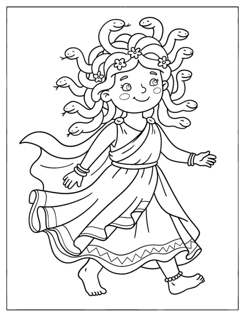 Îmbrăcată într-o rochie grecească, Medusa dansează.
