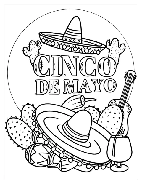 Cinco De Mayo Coloring Page With Sombrero, Cactus, Jalapeño, And Guitar