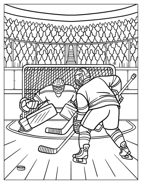 Zawodnicy próbują zdobyć bramkę podczas meczu na lodowisku.