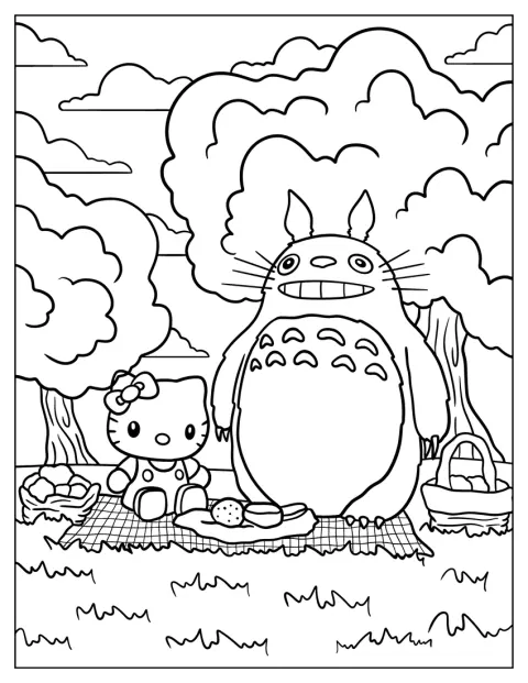Hello Kitty és Totoro együtt piknikeznek a szabadban.