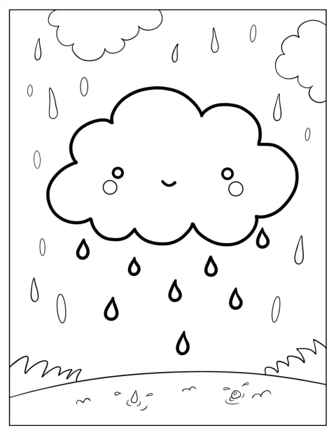 Uma pequena nuvem simpática deixa cair gotas de chuva.